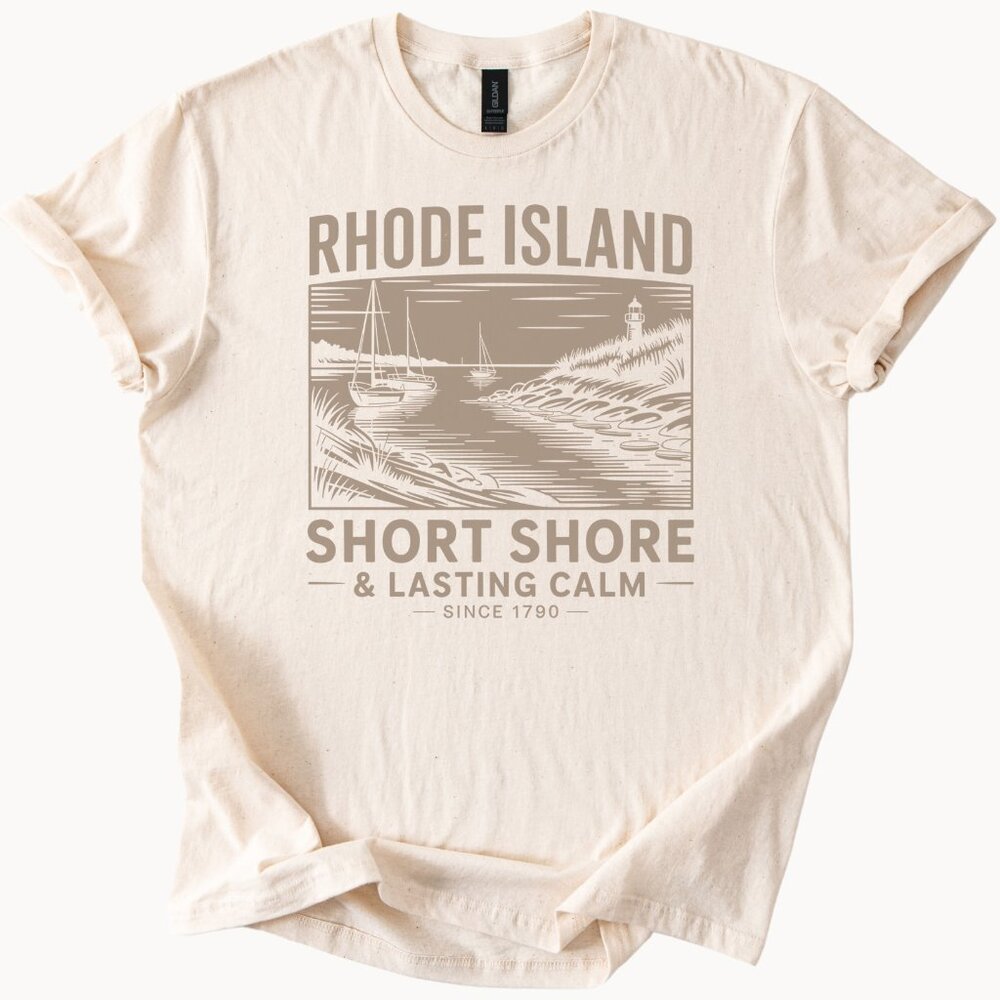 Rhode Island Graphic T Shirt Short Shore Lasting Calm Ocean Sailboat Lighthouse
